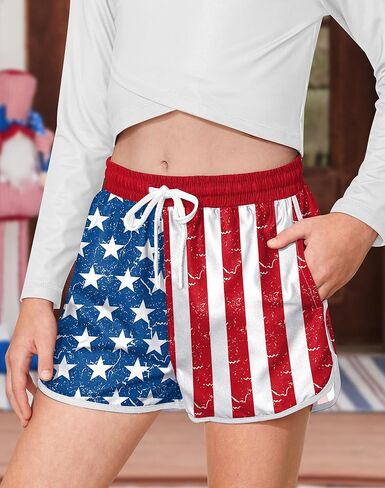 BesserBay Memorial Day Kid Girl Boardshorts الروح الأمريكية الوطنية النجوم والمشارب 4 يوليو شورت الشاطئ 11-12 سنة in Kuwait