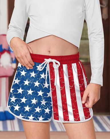 BesserBay Memorial Day Kid Girl Boardshorts الروح الأمريكية الوطنية النجوم والمشارب 4 يوليو شورت الشاطئ 11-12 سنة in Kuwait
