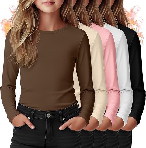 5 Pack Girls' Long Sleeve Thermal Shirts Round Neck Fleece Lined Underwear Casual Basic Tops Winter Base Layer in Kuwait