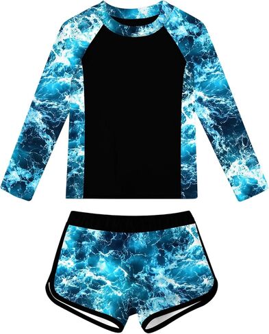 ملابس سباحة Idgreatim للفتيات من Rash Guard للمراهقات من قطعتين ثوب سباحة بأكمام طويلة مقاس 7-16T in Kuwait
