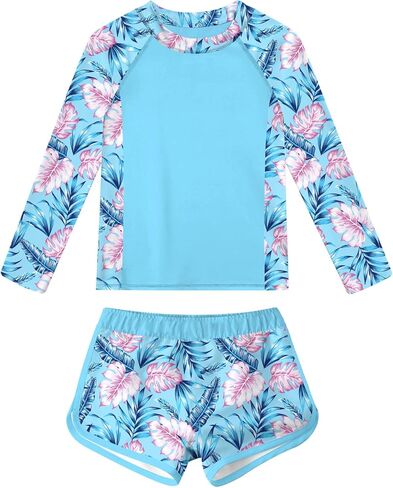 ملابس سباحة Idgreatim للفتيات من Rash Guard للمراهقات من قطعتين ثوب سباحة بأكمام طويلة مقاس 7-16T in Kuwait