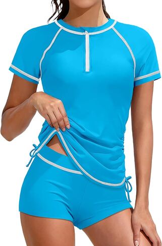 Girls Swimsuit Rash Guard Bathing Suit for Girls 2 Piece Short Sleeve Solid Color UPF 50+ Padded Zip Swimwear 7-14y in Saudi Arabia