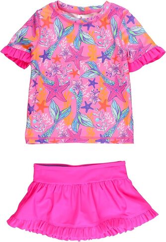 RuffleButts Girls UPF50+ Sun Protected Short Sleeve Ruffle Rash Guard Skirted 2-Piece Bikini in Saudi Arabia