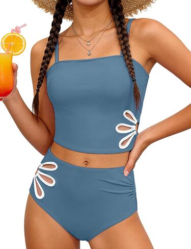 Girls Swimsuit Adjustable Straps Cut Out Swimwear 2 Piece Solid Color Tankini for Girls Bathing Suit 9-18Y in Kuwait