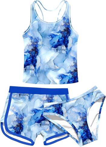 uideazone Girls 3 Piece Bathing Suit Summer UPF 50+ Racerback Swimsuit with Shorts Beach Tankini Sets 8-16 Years in Kuwait