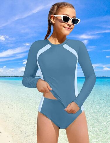 Girls Swimsuit Two Piece Kids Bathing Suit for Girls Long Sleeve Rash Guard Sets Color Block UPF 50+ Padded Swimwear in Saudi Arabia