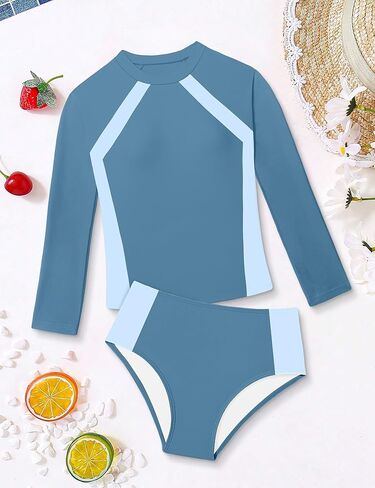 Girls Swimsuit Two Piece Kids Bathing Suit for Girls Long Sleeve Rash Guard Sets Color Block UPF 50+ Padded Swimwear in Saudi Arabia