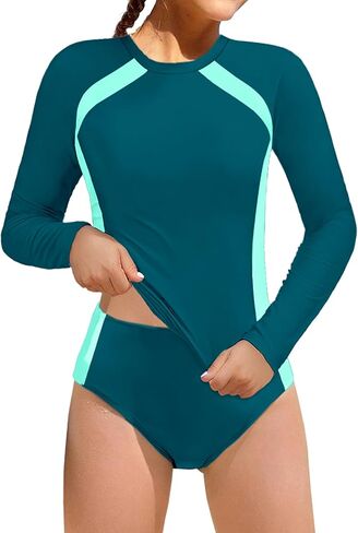Girls Swimsuit Two Piece Kids Bathing Suit for Girls Long Sleeve Rash Guard Sets Color Block UPF 50+ Padded Swimwear in Saudi Arabia