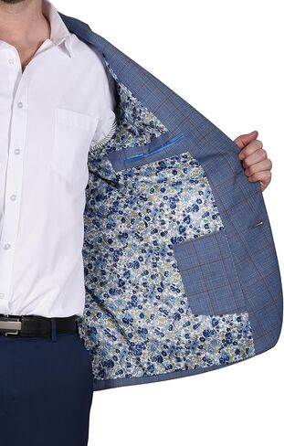 Men's Wool Blend Blue Rust Windowpane Slim Fit Blazer Sport Coat in Saudi Arabia