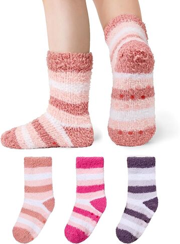 Durio Kids Fuzzy Slipper Socks with Non-Slip Grips - 3 Pairs Cozy Warm Crew Sock for Boys Girls, Soft Toddler Winter Socks in Saudi Arabia