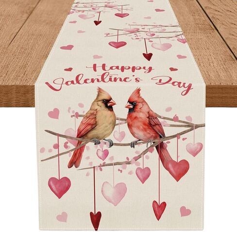Happy Valentines Day Table Runner Cardinal Bird Love Hearts Kitchen Dining Table Holiday Anniversary Indoor Home Party Decorations 13x72 Inch in Saudi Arabia