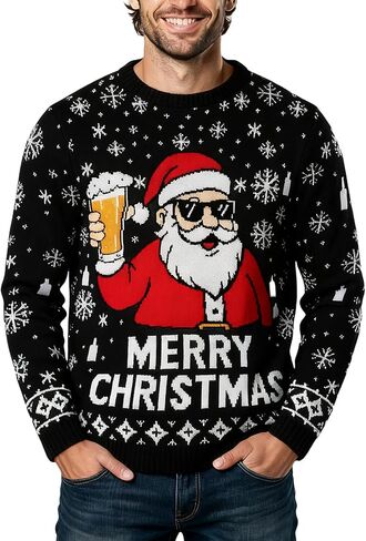 Ugly Christmas Sweater Men: Funny Snowflake Santa Hilarious Xmas Claus Soft Pullover Long Sleeve Knitted Sweaters in Saudi Arabia