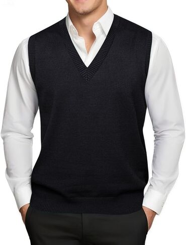 Barry.Wang Mens Sweater Vest V Neck Sleeveless Knitted Pullover Solid Color Slim Fit Sweaters Tops Casual Daily in Saudi Arabia