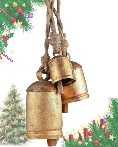 Bellshub Set of 3 Giant Harmony Cow Bells Vintage Handmade Rustic Lucky Christmas Hanging Bells On Rope | Decorative Farmhouse Decor for Wall, Door Harmony| Handmade Rustic Bells. in Kuwait