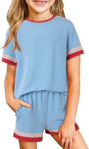 blibean Girls Summer Clothes Sets Kids Contrast Trim Outfits Size 6-15 Years in Saudi Arabia