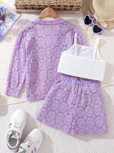 Girls 3 Piece Outfit Set Summer Lace Shirt Shorts with Camisole Top Lace Clothing Set for Casual Outdoor Wear in Saudi Arabia