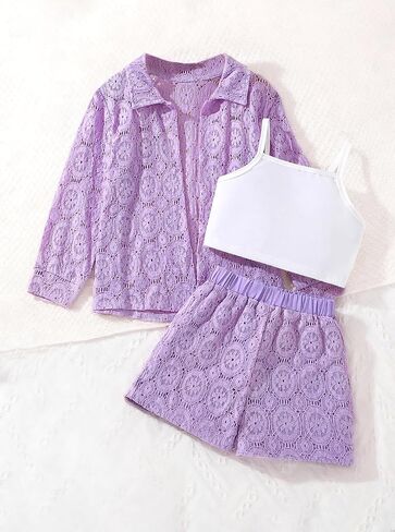 Girls 3 Piece Outfit Set Summer Lace Shirt Shorts with Camisole Top Lace Clothing Set for Casual Outdoor Wear in Saudi Arabia