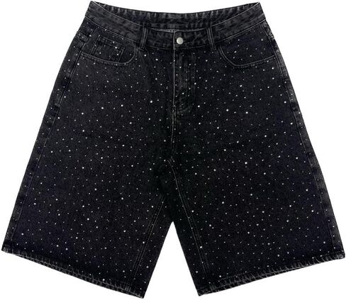 Men's Baggy Jean Shorts Black Rhinestone Embroidered Jorts Loose Fit Denim Shorts Crystal Studs Casual Streetwear in Saudi Arabia