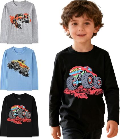 Demifill Toddler Boys Dinosaur Long Sleeve T-Shirts Crew Neck Truck T-Shirts Size 2-10Years Pack of 3 Multipack in Kuwait