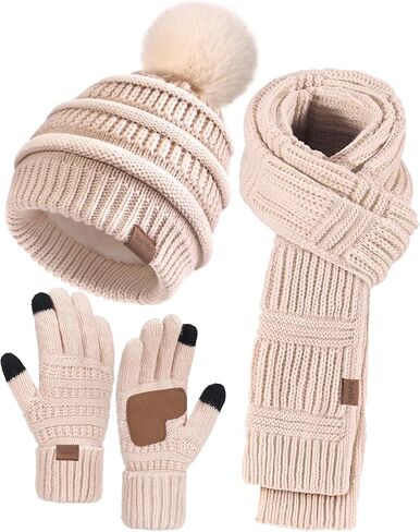 Remifa Winter Beanie Hat Scarf Gloves Set for Women, Slouchy Pom Pom Hat Long Knit Scarf Touchscreen Gloves Christmas Gifts in Saudi Arabia