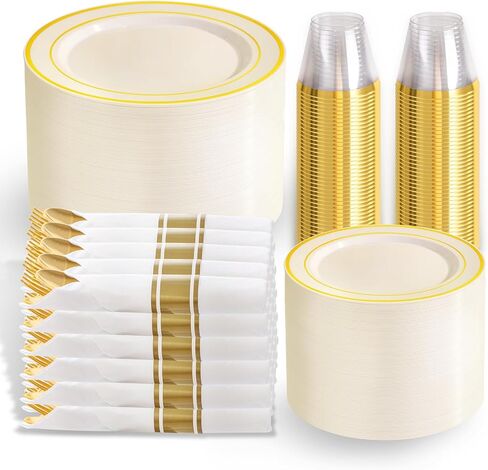 350 قطعة من أطباق بلاستيكية ذهبية من WELLIFE - أدوات فضية وأكواب للاستعمال مرة واحدة، تتضمن: 50 طبق عشاء مقاس 10.25 بوصة، و50 طبق حلوى مقاس 7.5 بوصة، و50 كوبًا بحافة ذهبية 9 أونصة، و50 أداة مائدة ذهبية للحفلات in Kuwait