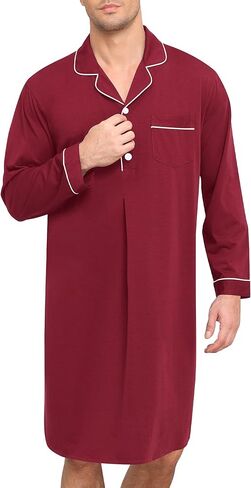 SWOMOG Mens Nightgown Long Sleeve Sleep Shirt Big & Tall Nightshirt Button Down Pajama Comfy Nightwear M-XXXL in Saudi Arabia