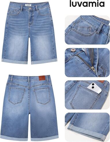 luvamia Bermuda Jean Shorts for Women Knee Length High Waisted Trendy Cuffed Hem Long Stretchy Denim Shorts Summer Jorts in Saudi Arabia