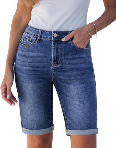 luvamia Bermuda Jean Shorts for Women Knee Length High Waisted Trendy Cuffed Hem Long Stretchy Denim Shorts Summer Jorts in Saudi Arabia