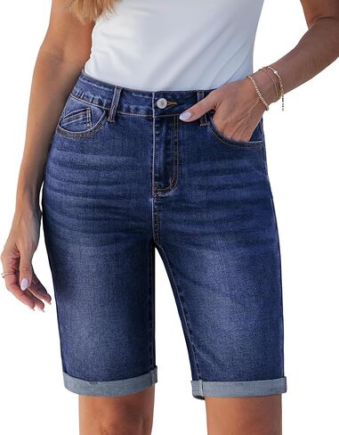 luvamia Bermuda Jean Shorts for Women Knee Length High Waisted Trendy Cuffed Hem Long Stretchy Denim Shorts Summer Jorts in Saudi Arabia