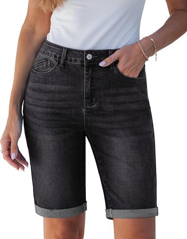 luvamia Bermuda Jean Shorts for Women Knee Length High Waisted Trendy Cuffed Hem Long Stretchy Denim Shorts Summer Jorts in Saudi Arabia