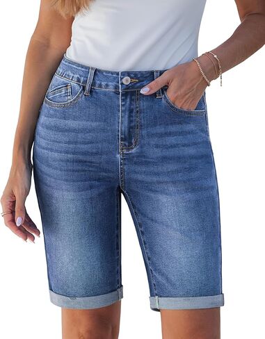 luvamia Bermuda Jean Shorts for Women Knee Length High Waisted Trendy Cuffed Hem Long Stretchy Denim Shorts Summer Jorts in Saudi Arabia