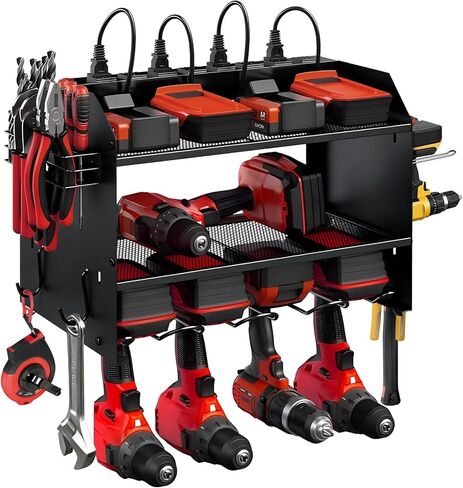 Power Tool Organizer wtih Charging Station，3 Layers Storage Rack with Screwdriver Rack 6 Drill Holders 8 Outlets Max Load 110lbs，for Workshop Garage Organizers and Storage Tool Battery Holder (red) in Saudi Arabia