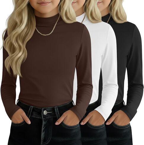 3 Pack Girls' Mock Turtleneck Tops Long Sleeve Shirts Soft Base Layer Casual Pullover Undershirt for Kids Aged 5-14 in Saudi Arabia