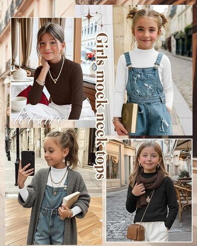 3 Pack Girls' Mock Turtleneck Tops Long Sleeve Shirts Soft Base Layer Casual Pullover Undershirt for Kids Aged 5-14 in Saudi Arabia