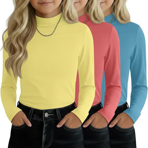 3 Pack Girls' Mock Turtleneck Tops Long Sleeve Shirts Soft Base Layer Casual Pullover Undershirt for Kids Aged 5-14 in Saudi Arabia