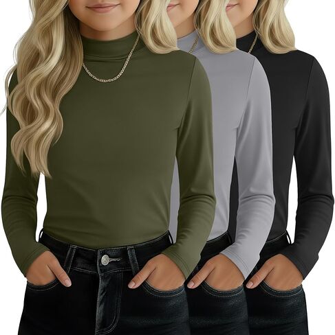 3 Pack Girls' Mock Turtleneck Tops Long Sleeve Shirts Soft Base Layer Casual Pullover Undershirt for Kids Aged 5-14 in Saudi Arabia