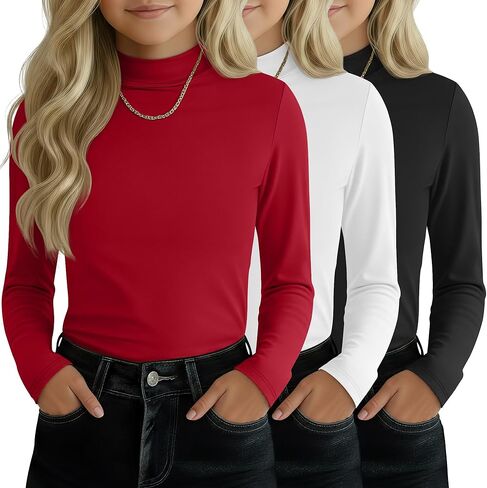 3 Pack Girls' Mock Turtleneck Tops Long Sleeve Shirts Soft Base Layer Casual Pullover Undershirt for Kids Aged 5-14 in Saudi Arabia