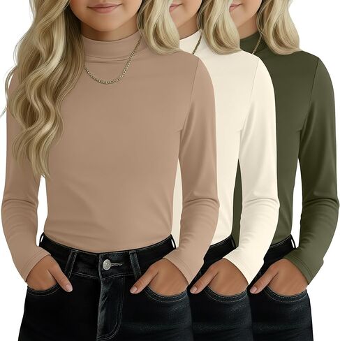 3 Pack Girls' Mock Turtleneck Tops Long Sleeve Shirts Soft Base Layer Casual Pullover Undershirt for Kids Aged 5-14 in Saudi Arabia