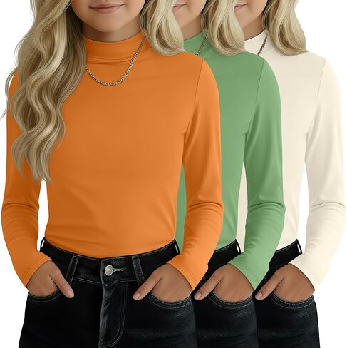 3 Pack Girls' Mock Turtleneck Tops Long Sleeve Shirts Soft Base Layer Casual Pullover Undershirt for Kids Aged 5-14 in Saudi Arabia
