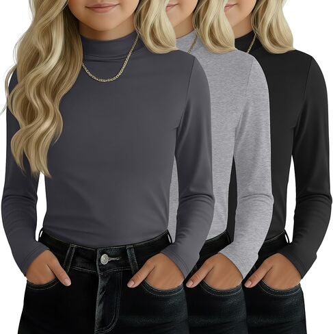 3 Pack Girls' Mock Turtleneck Tops Long Sleeve Shirts Soft Base Layer Casual Pullover Undershirt for Kids Aged 5-14 in Saudi Arabia