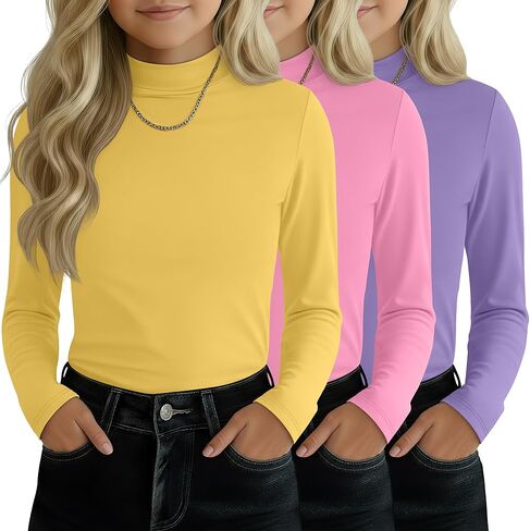 3 Pack Girls' Mock Turtleneck Tops Long Sleeve Shirts Soft Base Layer Casual Pullover Undershirt for Kids Aged 5-14 in Saudi Arabia