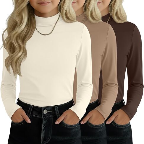 3 Pack Girls' Mock Turtleneck Tops Long Sleeve Shirts Soft Base Layer Casual Pullover Undershirt for Kids Aged 5-14 in Saudi Arabia