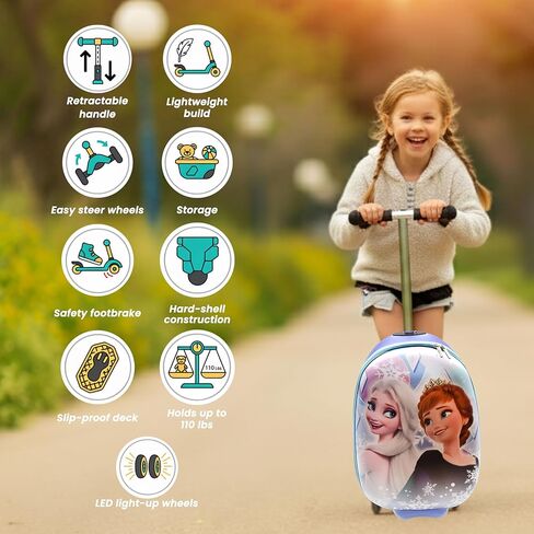 Disney Frozen Princess Suitcase Scooter for Kids - Girls Scooter Luggage with Light Up Wheels, Easy Steer and Foldable Carry On Kick Scooter for Toddler, Boys, Girls, Great Travel Gift Idea in Saudi Arabia