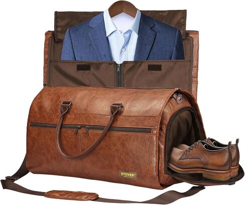 STOVER Garment Travel Duffle Bag, Large 2-in-1 Convertible Carry-on Luggage for Men & Women- Hanging Suits, Dresses & Clothes + Shoe Compartment- Weekender Tote Combo Duffel (Brown Leatherette) in Saudi Arabia