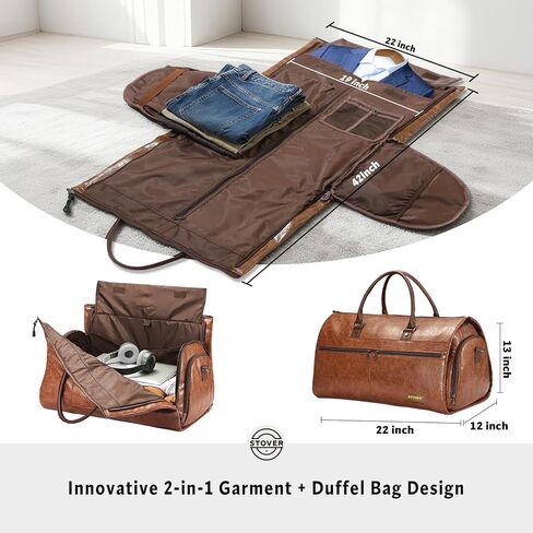 STOVER Garment Travel Duffle Bag, Large 2-in-1 Convertible Carry-on Luggage for Men & Women- Hanging Suits, Dresses & Clothes + Shoe Compartment- Weekender Tote Combo Duffel (Brown Leatherette) in Saudi Arabia