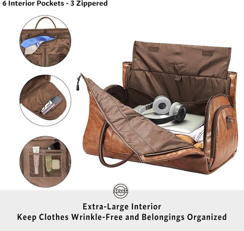 STOVER Garment Travel Duffle Bag, Large 2-in-1 Convertible Carry-on Luggage for Men & Women- Hanging Suits, Dresses & Clothes + Shoe Compartment- Weekender Tote Combo Duffel (Brown Leatherette) in Saudi Arabia