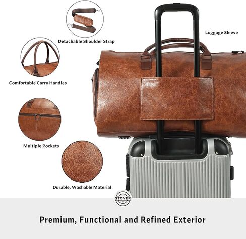 STOVER Garment Travel Duffle Bag, Large 2-in-1 Convertible Carry-on Luggage for Men & Women- Hanging Suits, Dresses & Clothes + Shoe Compartment- Weekender Tote Combo Duffel (Brown Leatherette) in Saudi Arabia