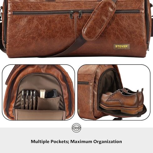 STOVER Garment Travel Duffle Bag, Large 2-in-1 Convertible Carry-on Luggage for Men & Women- Hanging Suits, Dresses & Clothes + Shoe Compartment- Weekender Tote Combo Duffel (Brown Leatherette) in Saudi Arabia