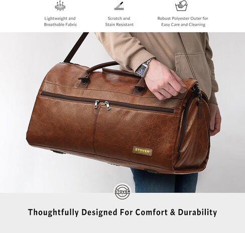 STOVER Garment Travel Duffle Bag, Large 2-in-1 Convertible Carry-on Luggage for Men & Women- Hanging Suits, Dresses & Clothes + Shoe Compartment- Weekender Tote Combo Duffel (Brown Leatherette) in Saudi Arabia