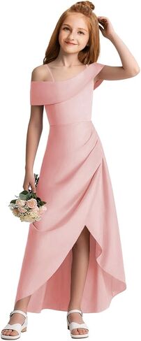 Junior Bridesmaid Dresses Satin Off Shoulder Flower Girl Dresses for Wedding High Low Prom Dress for Teen Girls Formal Dress in Saudi Arabia